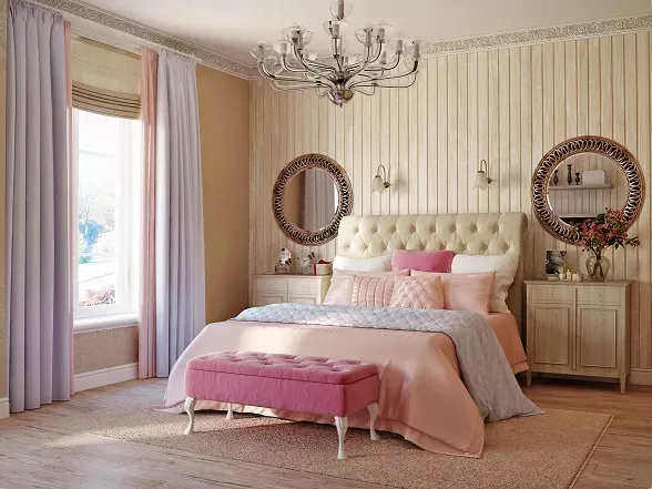 Sypialnia w stylu prowansalskim z drewnianymi panelami naściennymi